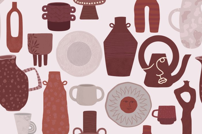 Papier peint  Assiettes avec des tasses et des théières