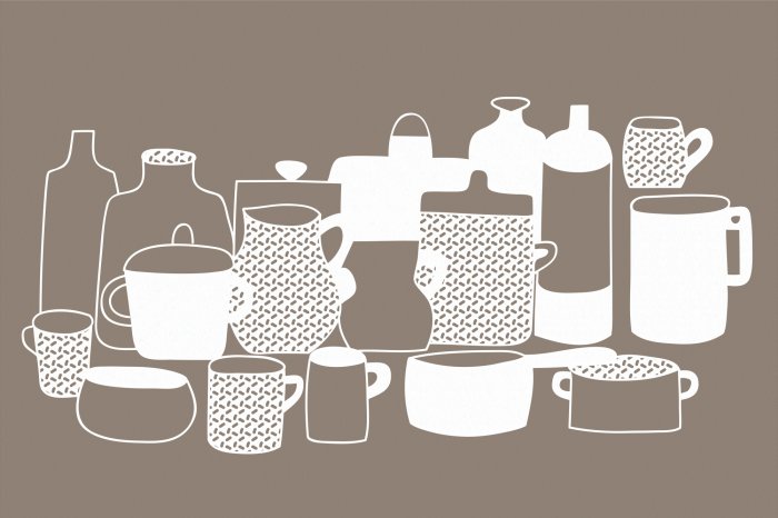 Papier peint  Dessin de casseroles et cruches en porcelaine