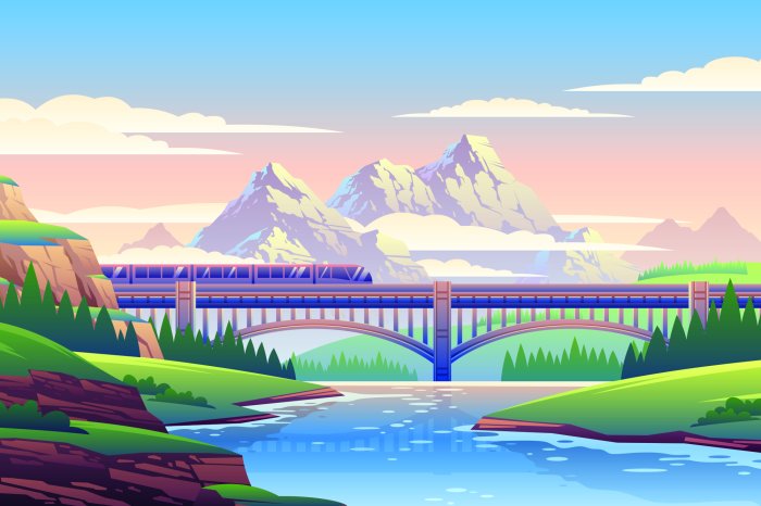 Papier peint  Paysage d'un train roulant sur fond de montagnes