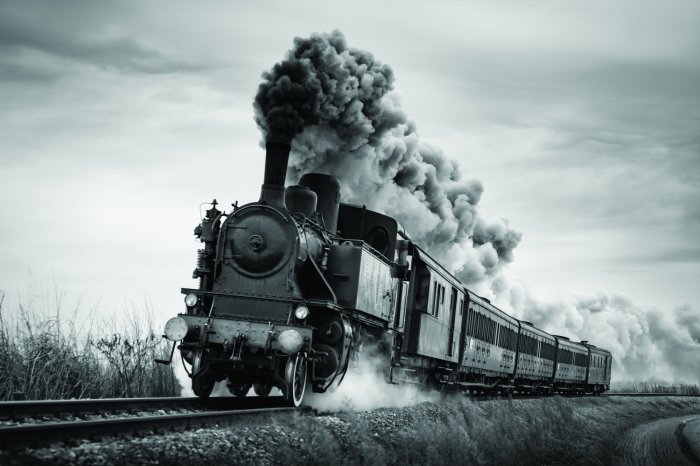 Papier peint  Photo en noir et blanc d'un train à vapeur en marche