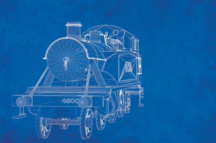 Papier peint  Croquis d'une locomotive sur fond bleu