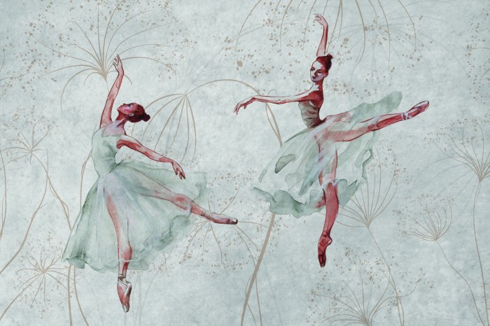 Papier peint  Ballerines dansant en belles robes sur fond de béton