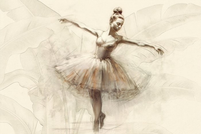 Papier peint  Danseuse en robe sur fond de feuilles tropicales