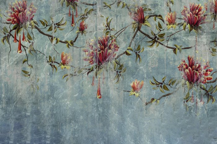 Papier peint  Branches d'arbre avec des fleurs sur un fond rustique