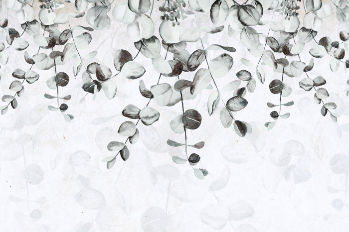 Papier peint  Feuilles grises délicates sur fond clair