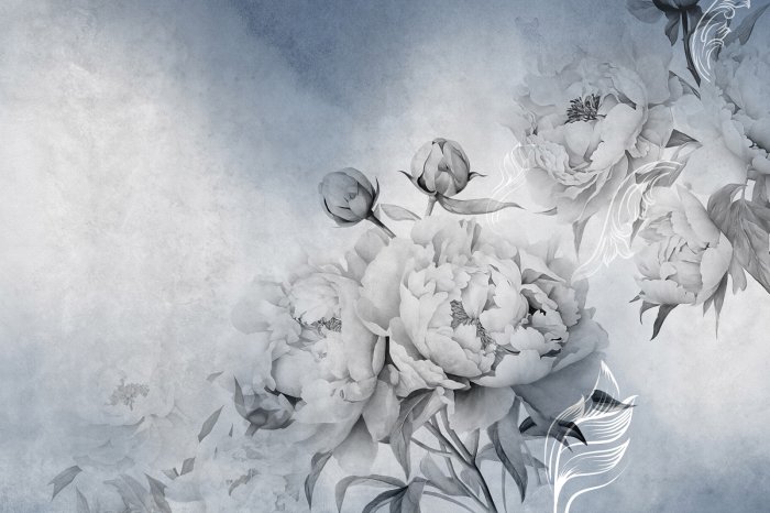Papier peint  Fleurs de pivoines sur fond bleu