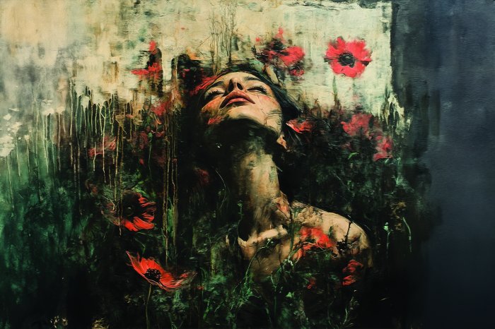 Papier peint  Femme parmi les coquelicots sur un mur