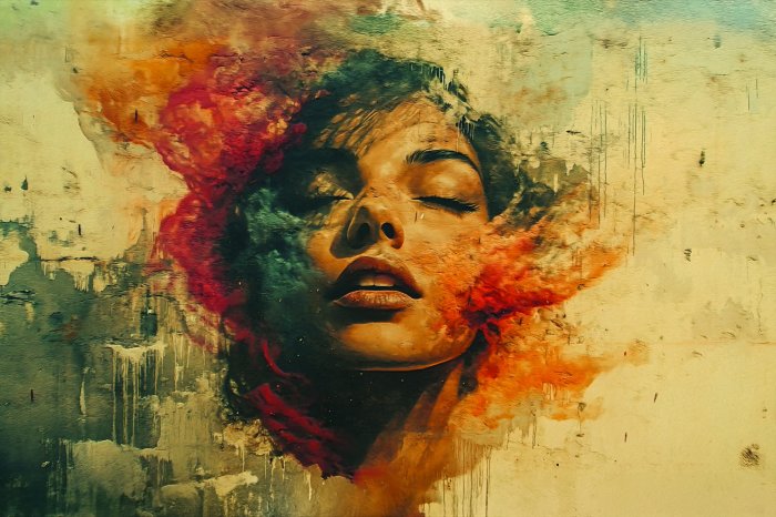 Papier peint  Portrait d'une femme à l'aquarelle sur un mur