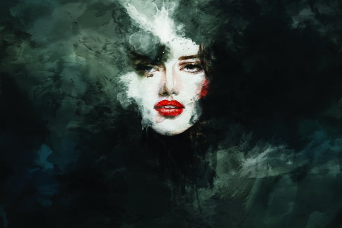 Papier peint  Portrait d'une femme aux lèvres rouges sur fond noir