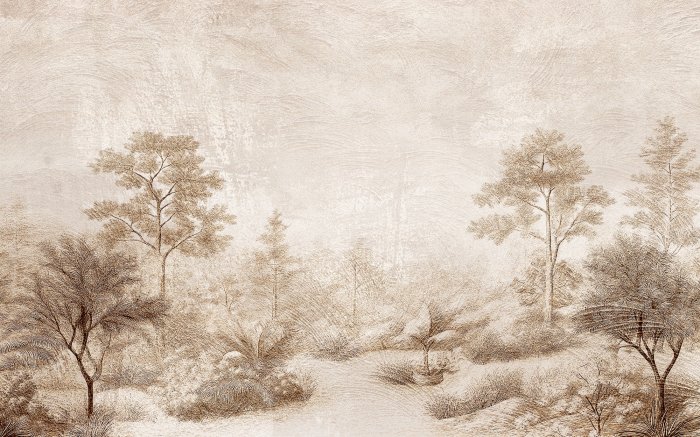 Papier peint  Paysage forestier sur béton