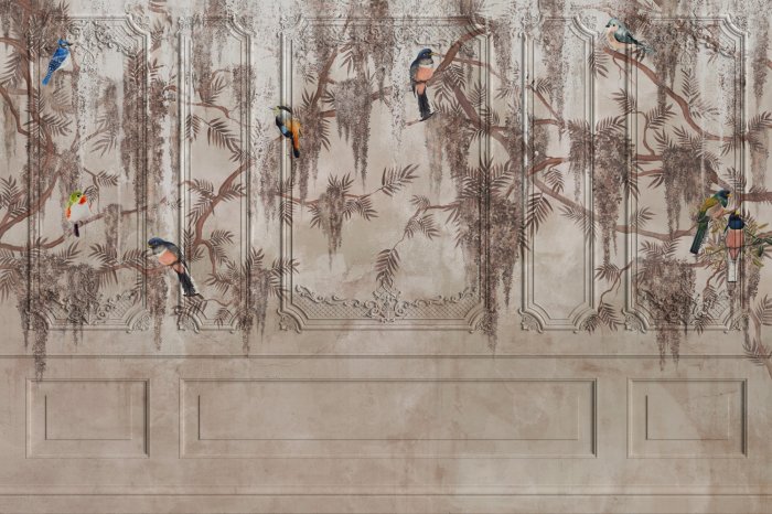 Papier peint  Stuc avec oiseaux des bois et branches