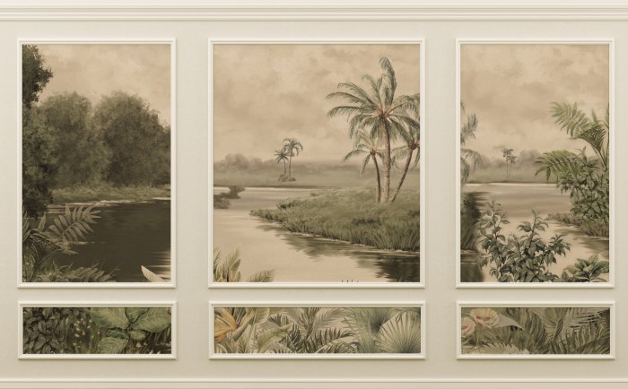 Papier peint  Rivière tropicale avec des palmiers en stuc décoratif