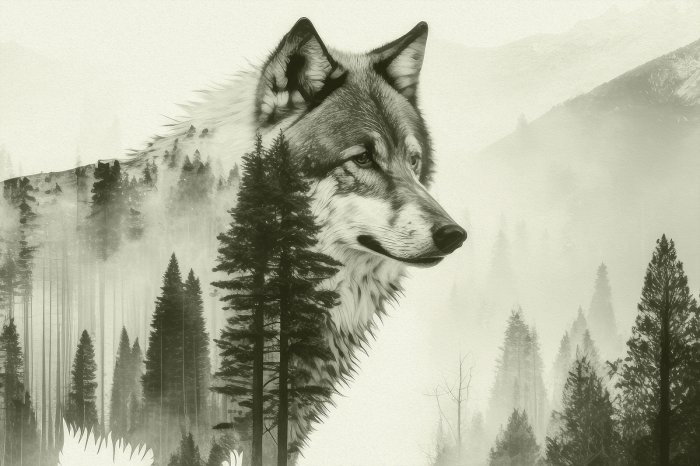 Papier peint  Loup au milieu de la forêt de conifères