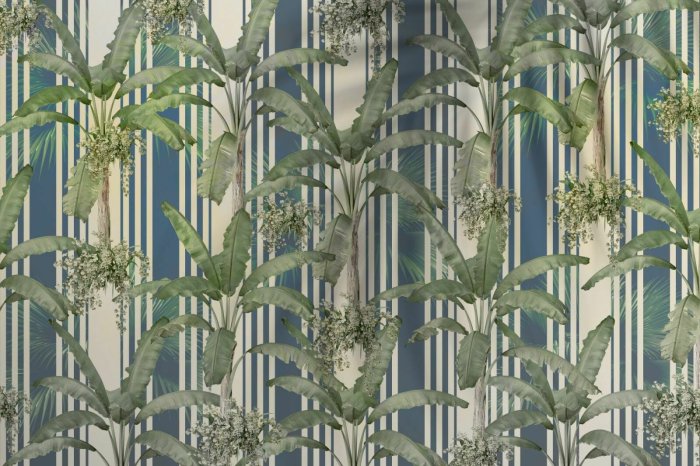 Papier peint  Feuilles de palmier sur un fond de rayures bleues