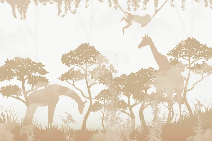 Papier peint  Jungle avec girafes et singes