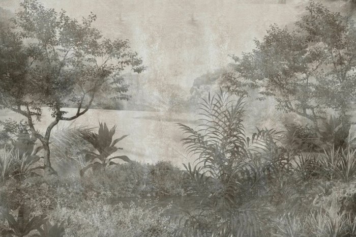 Papier peint  Végétation forestière luxuriante en tons gris