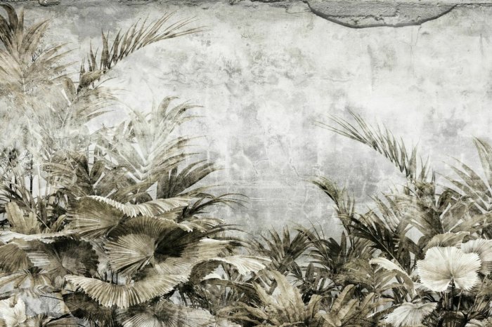 Papier peint  Feuilles tropicales sur fond en béton