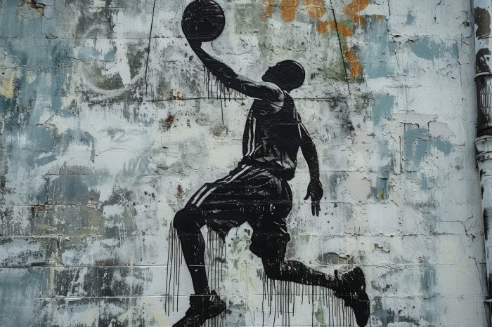 Papier peint  Homme joueur de basket avec un ballon sur le mur