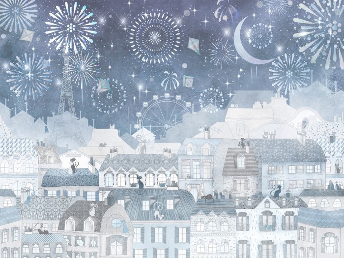 Papier peint  Ville avec la tour Eiffel et des feux d'artifice