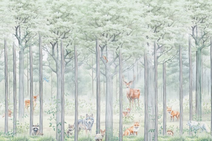 Papier peint  Forêt avec des animaux sauvages, loup et cerf