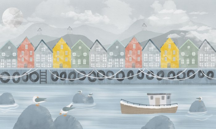 Papier peint  Maisons colorées au bord de la rivière avec un bateau