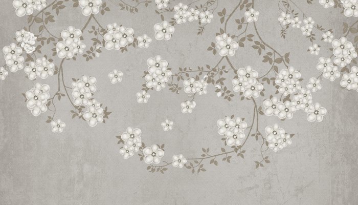 Papier peint  Branches avec des fleurs blanches sur béton