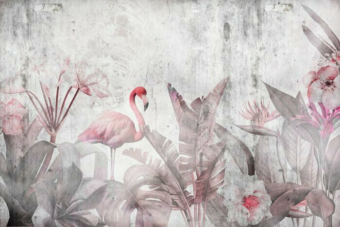 Papier peint  Wallpaper design for digital printing with tropical leaves and Flamingo