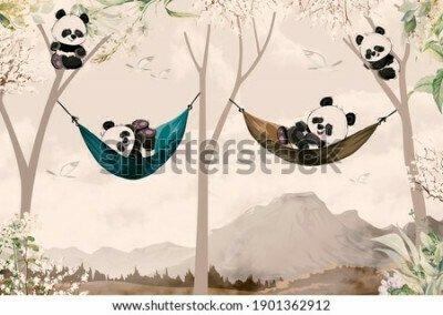 Papier peint  Cute pandas lying in hammock for child room wallpaper design