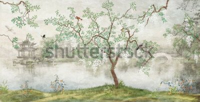 Papier peint  Arbre au bord du lac. Paysage brumeux. Arbre aux oiseaux dans le jardin japonais. la peinture murale, papier peint pour l'impression intérieure