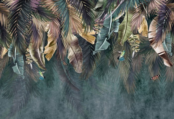 Papier peint  Feuilles colorées suspendues avec des oiseaux