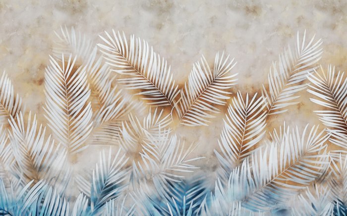 Papier peint  Feuilles de palmier sur fond bleu-marron