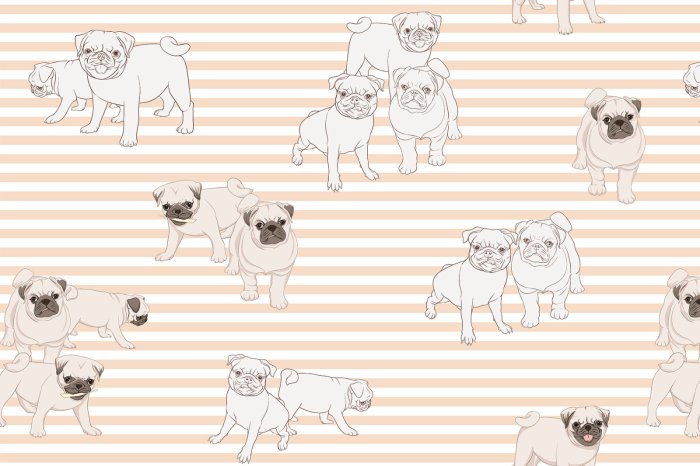 Papier peint  Chiens carlins sur fond rayé graphique moderne