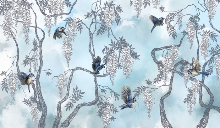 Papier peint  Arbre avec des fleurs et des oiseaux sur fond de ciel