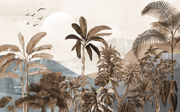Papier peint  Jungle avec des palmiers sur fond de montagnes