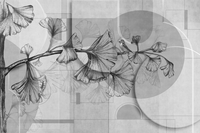 Papier peint  Feuilles sur un fond géométrique gris