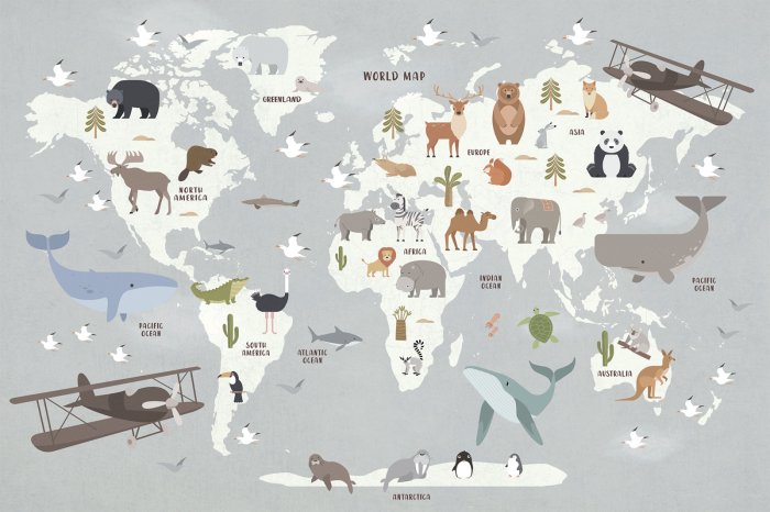 Papier peint  Animaux sur une carte du monde pour enfants