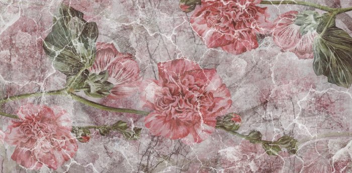 Papier peint  Pivoines roses sur un mur fissuré