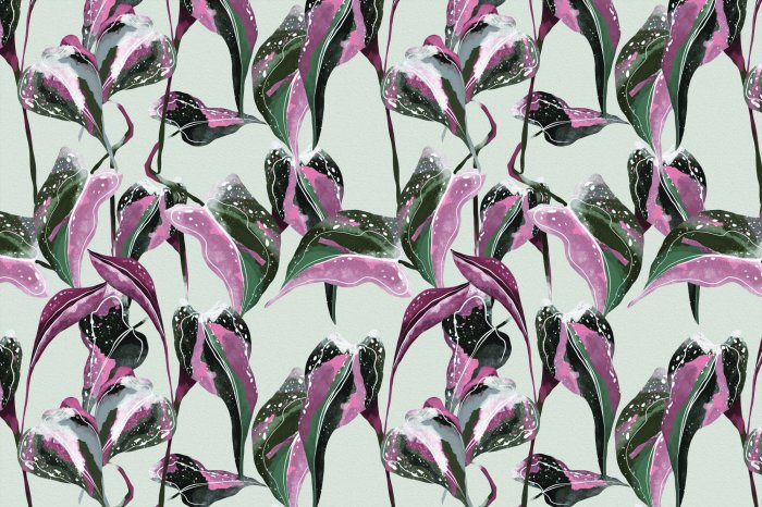 Papier peint  Feuilles tropicales colorées avec du rose