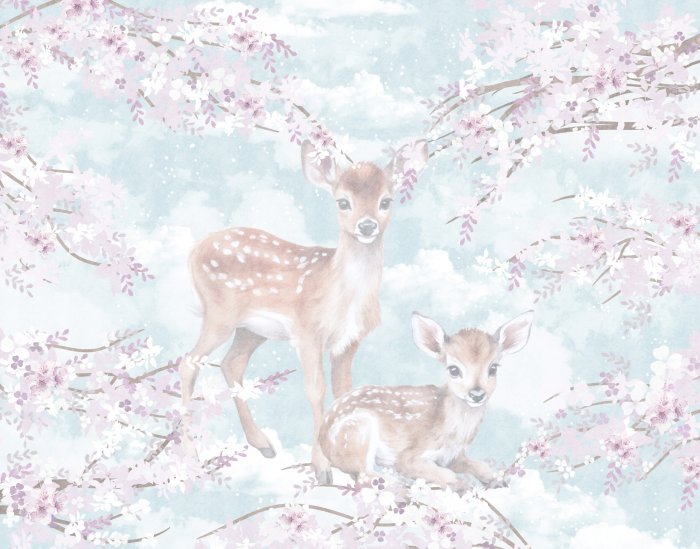 Papier peint  Cerfs avec des fleurs de cerisier sur fond de nuages