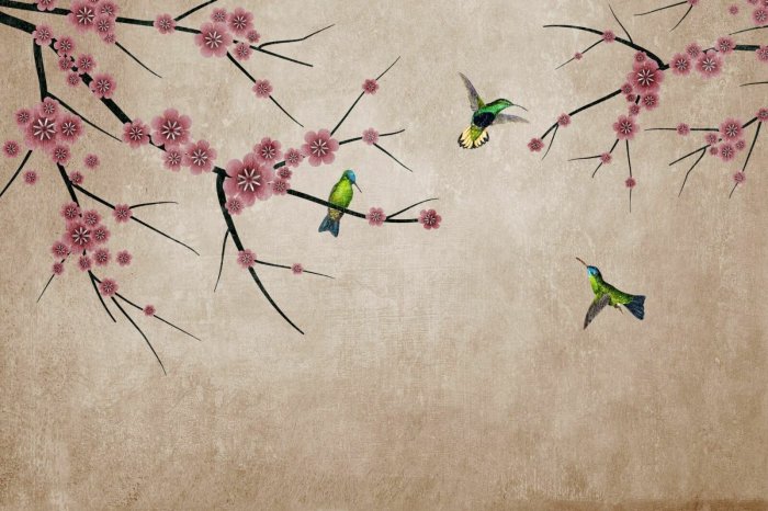 Papier peint  Fleurs roses sur des branches avec des oiseaux colorés