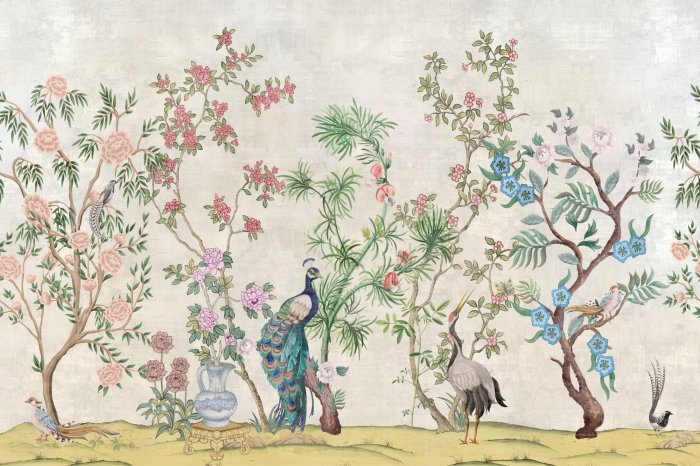 Papier peint  Arbres avec des fleurs parmi les oiseaux