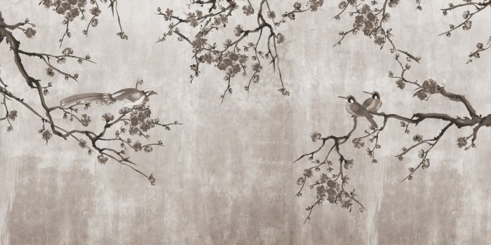 Papier peint  Fleurs de cerisier avec des oiseaux sur béton gris