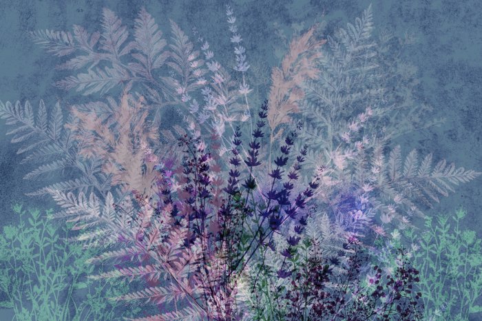 Papier peint  Feuilles de fougère colorées avec de la lavande