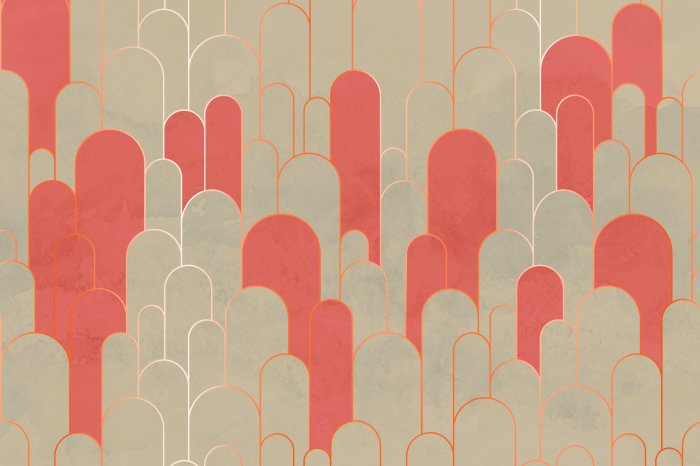 Papier peint  Arches beige et orange avec ornement doré