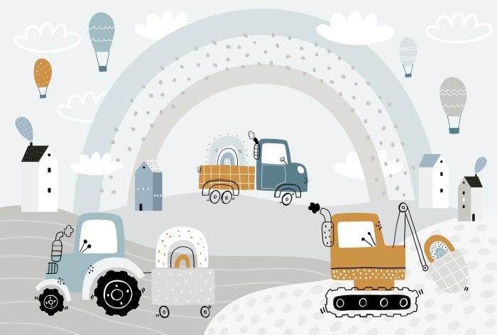 Papier peint  Tracteur sur des collines avec une pelleteuse et des nuages