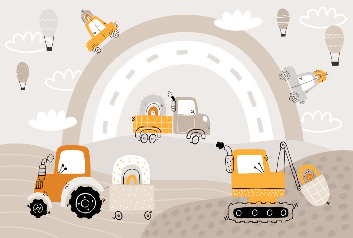 Papier peint  Voitures et tracteur sur fond arc-en-ciel