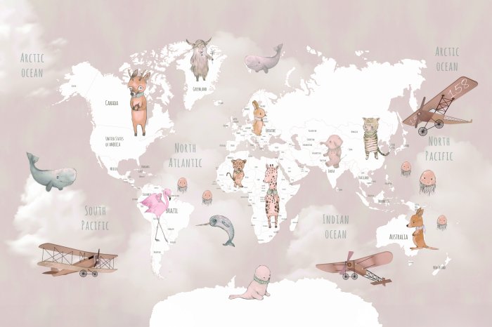 Papier peint  Carte du monde avec des avions et des animaux