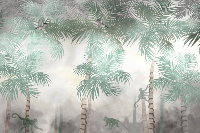 Papier peint  Jungle avec des palmiers exotiques et des singes