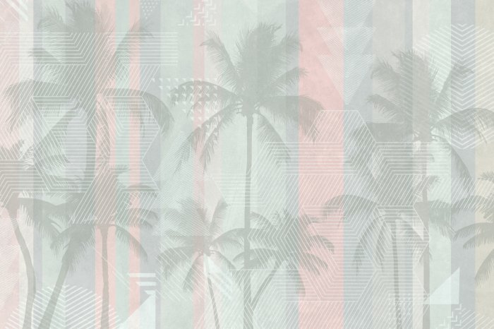 Papier peint  Palmiers gris sur un mur à rayures