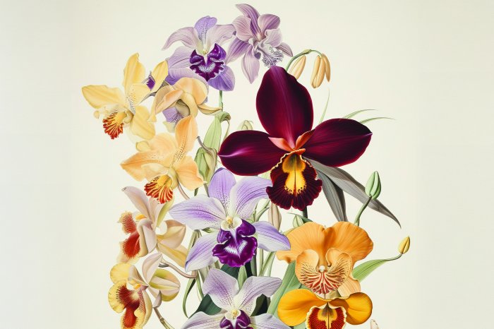 Papier peint  Fleurs d'orchidée colorées sur fond clair